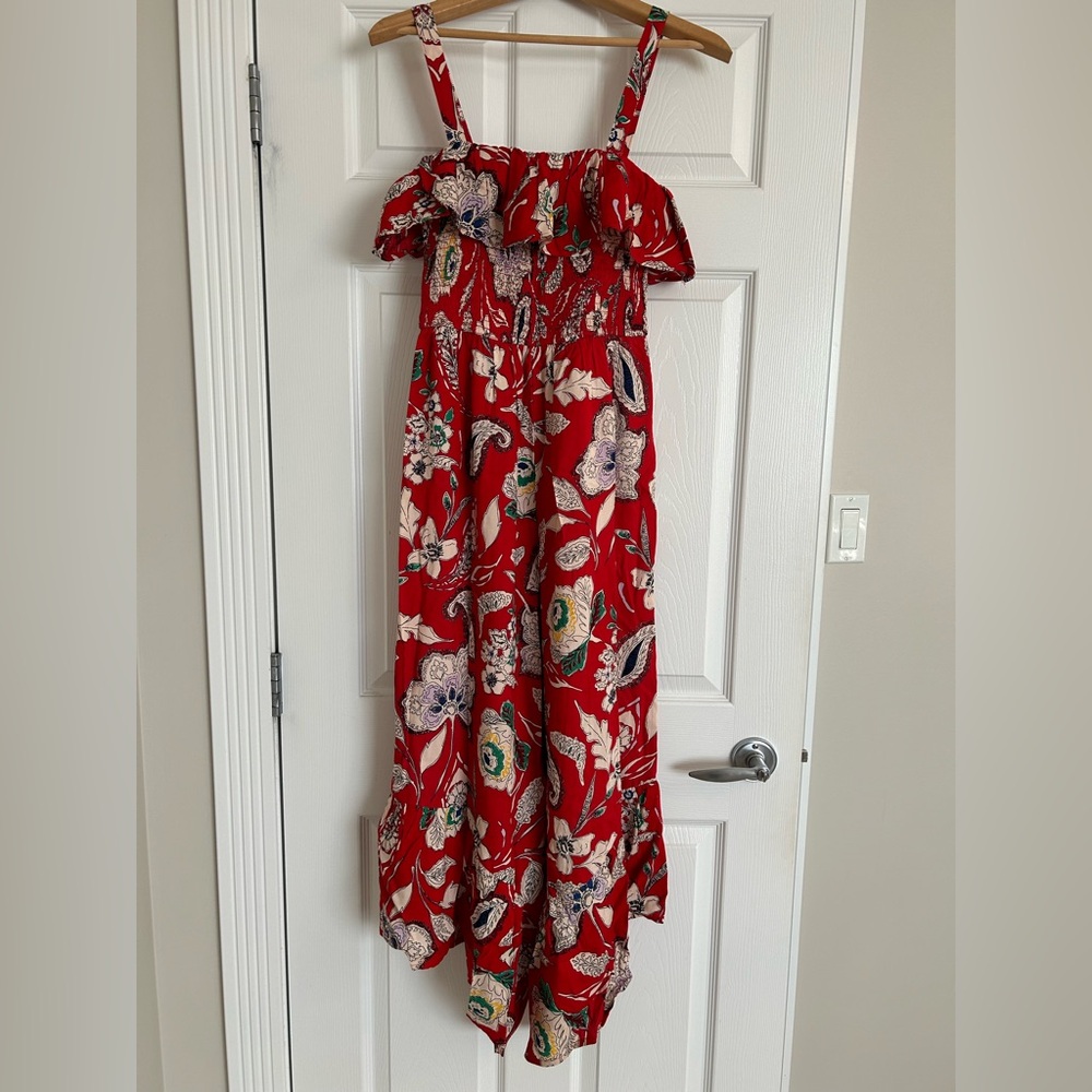 Red Cold-Shoulder Floral Jumpsuit with Wide-Leg Design